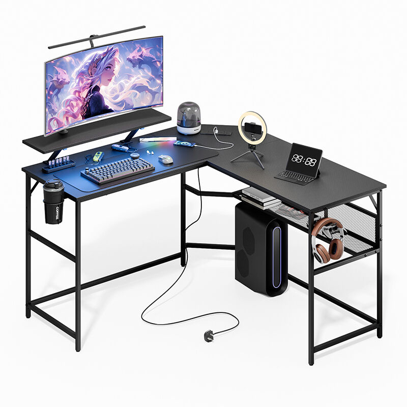 Mondeer - Bureau d'angle en forme de l bureau d'ordinateur led bureau d'ordinateur de jeu avec support d'écran Noir