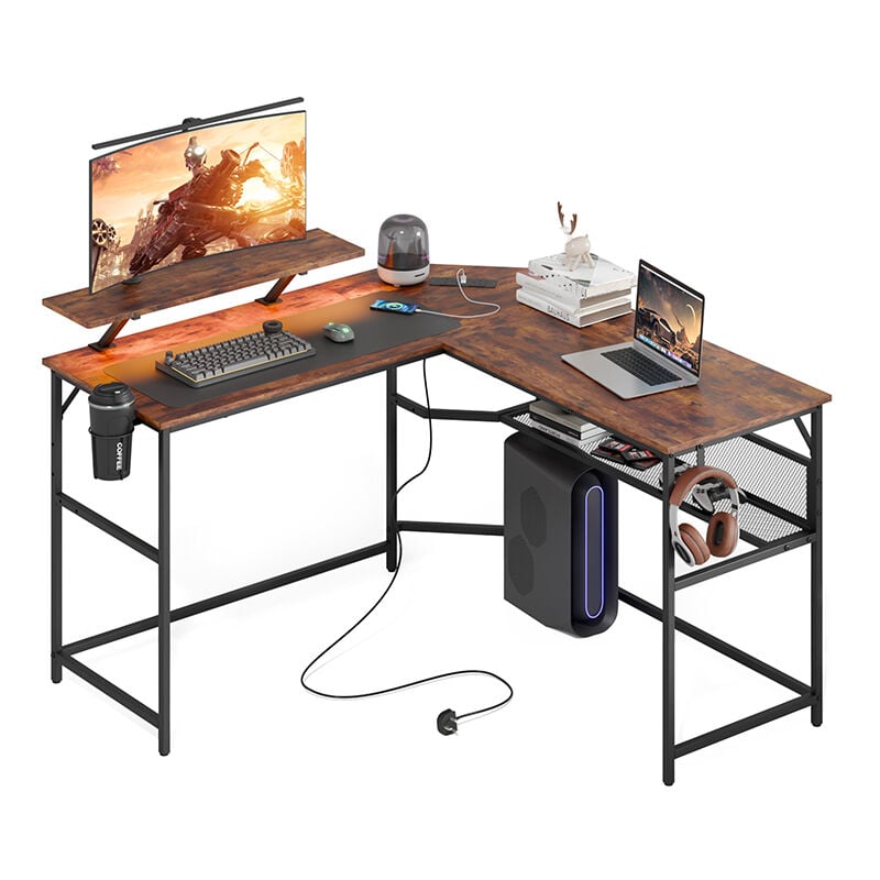 Mondeer - Bureau d'angle en forme de l bureau d'ordinateur led bureau d'ordinateur de jeu avec support d'écran Marron