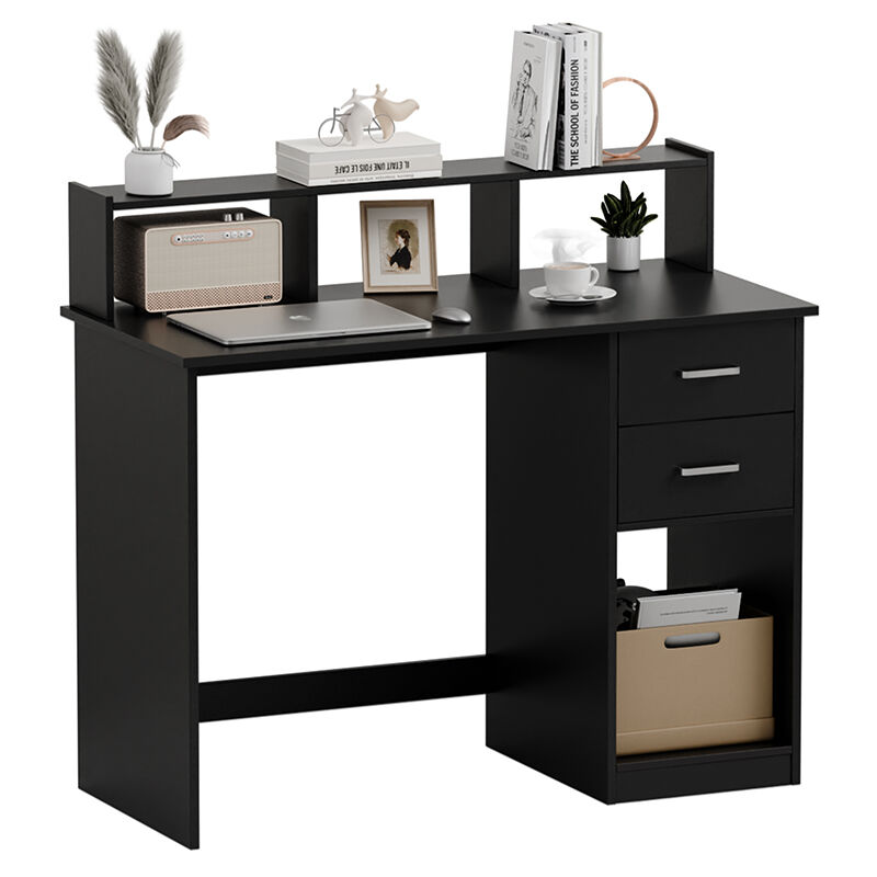 Mondeer - Bureau droit bureau d'ordinateur avec Étagères de rangement et 2 tiroirs 105x94x48cm noir