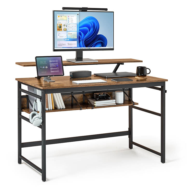 Mondeer - Bureau droit 120 cm bureau d'ordinateur avec 2 Étagères de rangement support d'Écran mamovible gain de place adapté pour poste de travail à