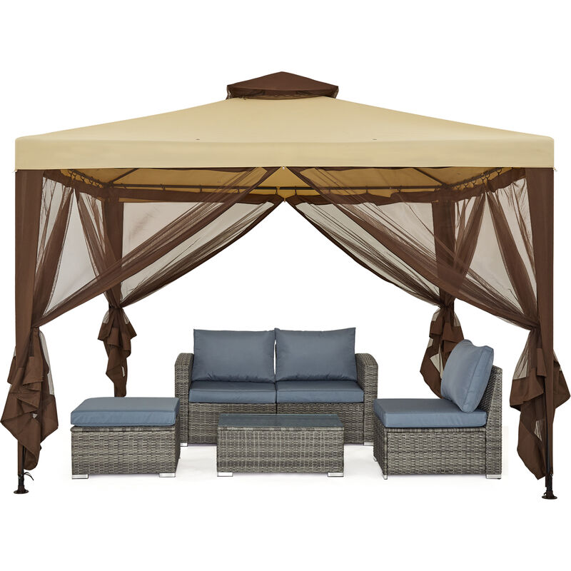 Tonnelle et pergola jardin tente avec moustiquaire à 4 ctés toit double couche protection uv et ventilation pour fête mariage camping cour kaki 3M x