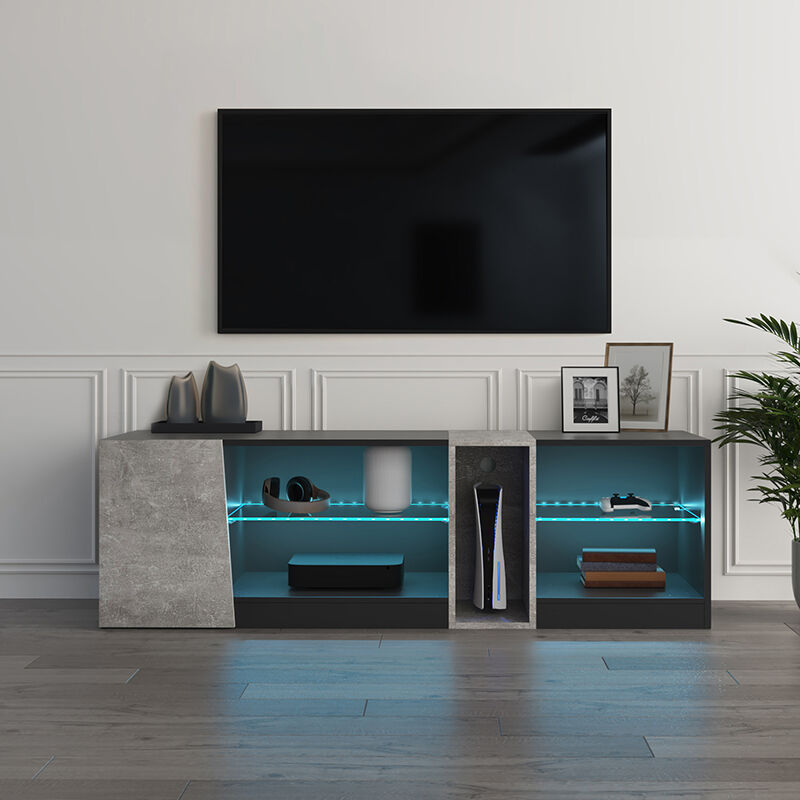 Mondeer - Meuble tv led avec 5 compartiments ouverts 1 porte pourTV de 22' à 60' L140 x H45 x P37.5 cm noir et gris