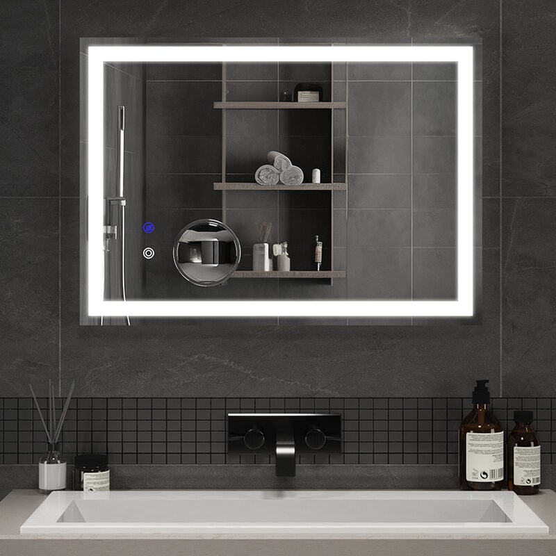 Mondeer - Miroir lumineux de salle de bain 70×50cm avec éclairage led tactile et fonction antibuée loupe 5x detachable avec luminosité ajustable