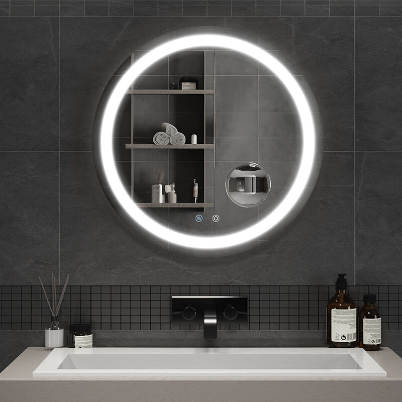 Mondeer - Miroir lumineux de salle de bain led rond 60cm avec Interrupteur tactile et fonction antibuée loupe 5x detachable avec luminosité ajustable
