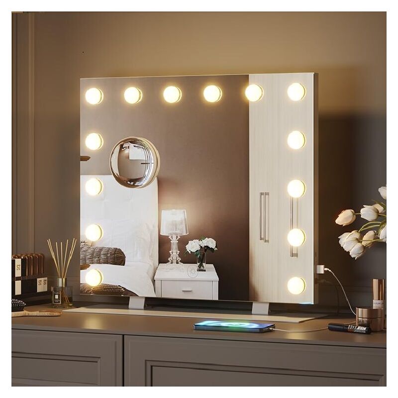 Mondeer - Miroir sur pied miroir maquillage lumineux led 14 ampoules 3 couleurs luminosité ajustables ecran tactile & loupe de grossissant 5X 60x54cm