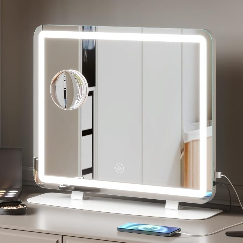 Miroir sur pied miroir de maquillage led loupe 5x 70 x 61.5cm blanc Mondeer