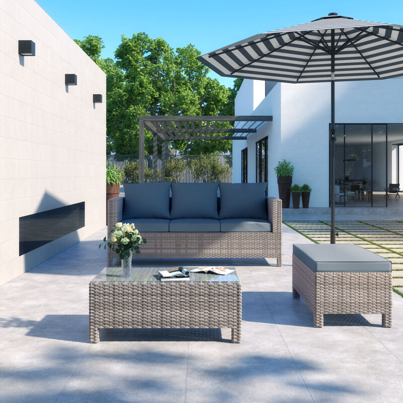 Salon de jardin 5 pièces meuble de jardin en résine tressée pour 4 personnes gris Mondeer