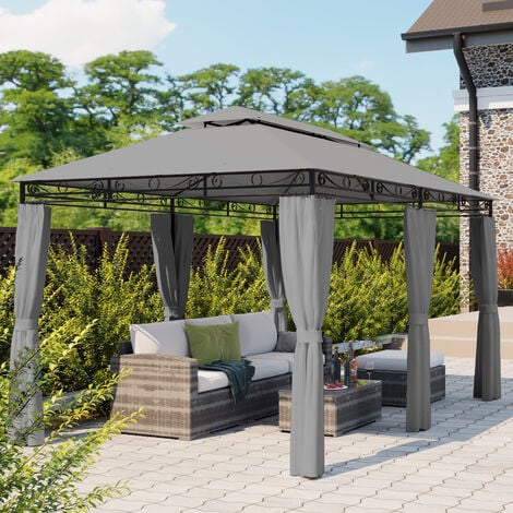 Mondeer Tonnelle de Jardin 3x4m, Pavillon de Jardin pour Industrie Lourde avec 6 Rideaux Latéraux Cadre en Métal Bâches de toit 180g/㎡, Style Moderne et Luxueux, Gris