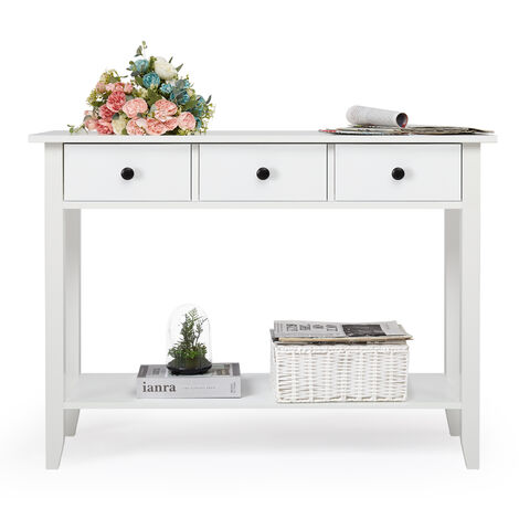 Mondeer—Table Console avec 3 Tiroirs et l'Etagère, Meuble de Rangement en Bois avec surface peinte, Style Simple, pour Entrée, Salon, 100 x 34 x 74cm, Blanc