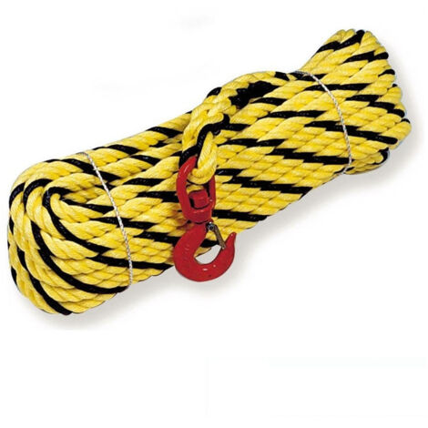 Mondelin – Corde à poulie polypropylène 20 m – Traitement anti-UV – Boucle épissurée et crochet de levage avec linguet de sécurité – Jaune/noir
