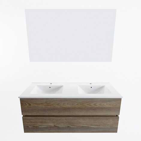 MONDIAZ VICA 120cm mueble de baño Dark Brown Grey 2 cajones. con Lavabo  Denia doble 2 orificios color Blanco Brillo y espejo LED