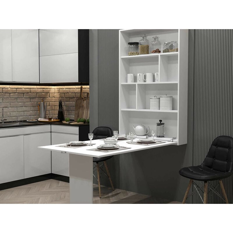 Mondrian - table murale rabattable avec rangements - 4 personnes - blanc