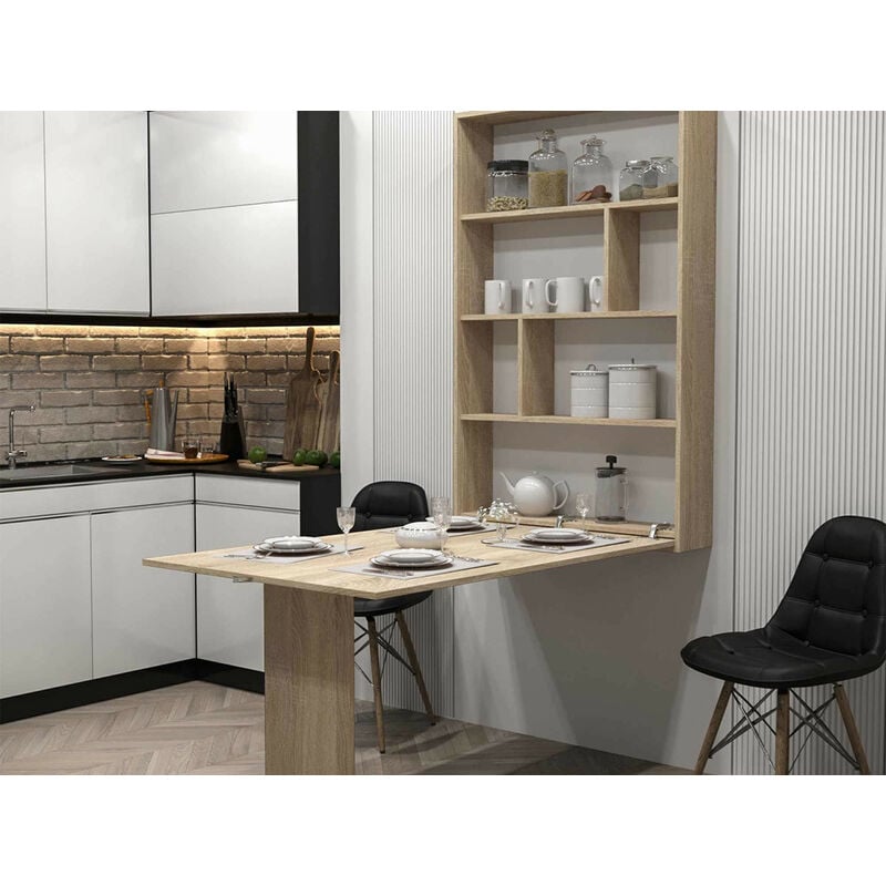 Bestmobilier - Mondrian - table murale rabattable avec rangements - 4 personnes - bois