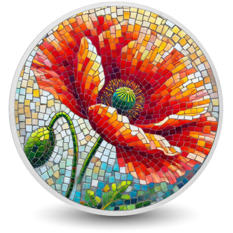 Moneda plateada de 1 oz con mosaico de amapola radiante