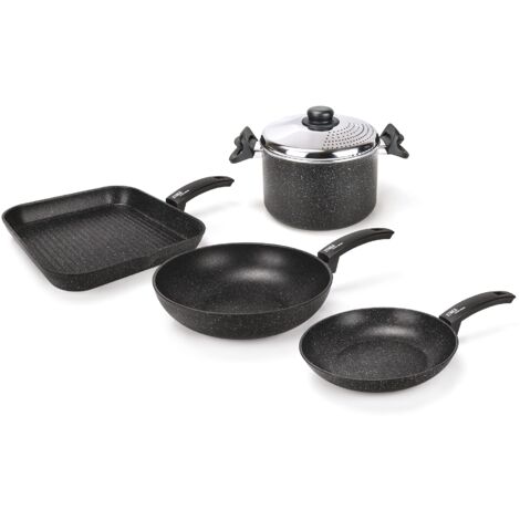 Moneta Etnea Batteria Smart Set da 5 Pezzi, Padella 24 cm, Wok 28 cm, Bistecchiera 28 x 28 cm, Pastaiola 22 cm con Coperchio