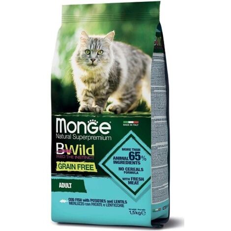 Monge Cat Bwild Grain Free Adult Merluzzo Patate e Lenticchie  - Monge Cat Bwild Grain Free Adult Merluzzo Patate e Lenticchie - Sacco Da 1,5 Kg
