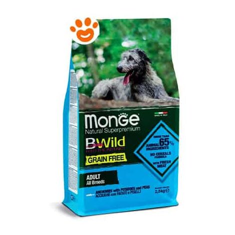 MONGE CIBO SECCO CANE CROCCANTINI GRAIN FREE ACCIUGHE PATATE E PISELLI 12 KG