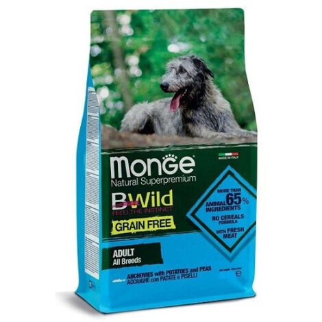 Monge Dog Bwild Grain Free Adult All Breeds Acciughe Patate e Piselli  - Monge Dog Bwild Grain Free Adult All Breeds Acciughe Patate e Piselli - Sacco Da 2,5 Kg