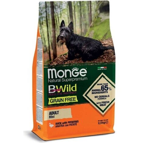 Monge Dog Bwild Grain Free Mini Adult Anatra e Patate  - Monge Dog Bwild Grain Free Mini Adult Anatra e Patate - Sacco Da 2,5 Kg