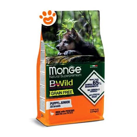 Monge Dog Bwild Grain Free Puppy Junior All Breed Anatra e Patate  - Monge Dog Bwild Grain Free Puppy Junior All Breed Anatra e Patate - Sacco Da 2,5 Kg