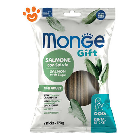Monge Dog Gift Dental Sticks Mini Adult Salmone con Salvia + OMAGGIO  - Monge Dog Gift Dental Sticks Mini Adult Salmone con Salvia + OMAGGIO - Confezione Da 7 Stick + OMAGGIO Monge GIFT