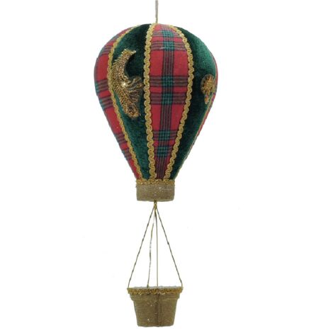Mongolfiera Natalizia da Appendere H45 cm in Tessuto Scozzese con Merletti Oro  da appendere e decorare casa locali commerciali - colorigenerali: Scozzese rosso
