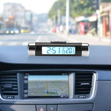 Moniteur Automobile Digital LCD Thermometre Horloge Lumière Arrière Clip Acier inoxydable 8.2x2.4cm Bleu/Blanc