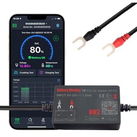 Moniteur de batterie Bluetooth 4.0 testeur sans fil, chargeur voiture démarrage et système d'alarme moniteur analyseur numérique pour solaire 12V moto bateau BM2 -