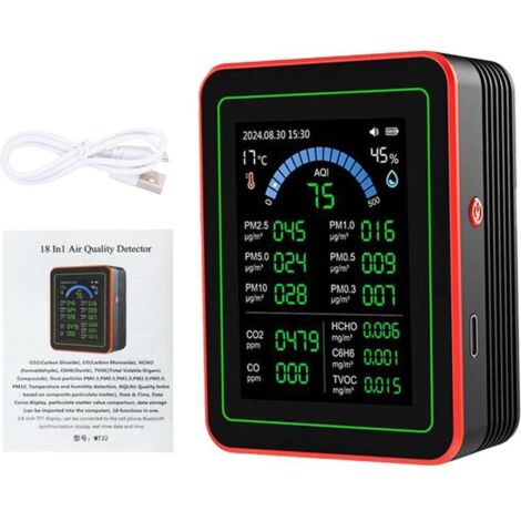 Moniteur de CO2, compteurs de qualité de l’air intérieur 18 en 1, détecteur portable de dioxyde de carbone, CO2 TVOC HCHO PM2.5 PM10 Testeur pour la maison et le bur