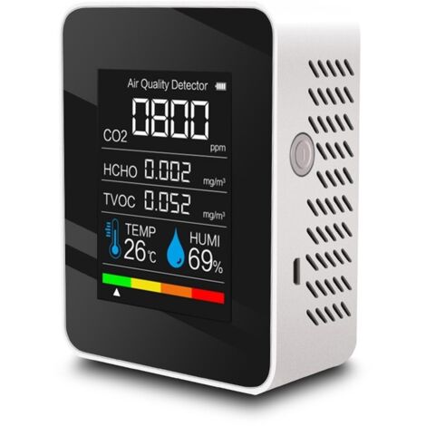 Moniteur de Qualité d'Air 6-en-1 Portable, Détecteur de Formaldéhyde HCHO TVOC CO2 avec Thermomètre Hygromètre, Écran Couleur Alarme Rechargeable, pour Maison Bureau Voiture Camping