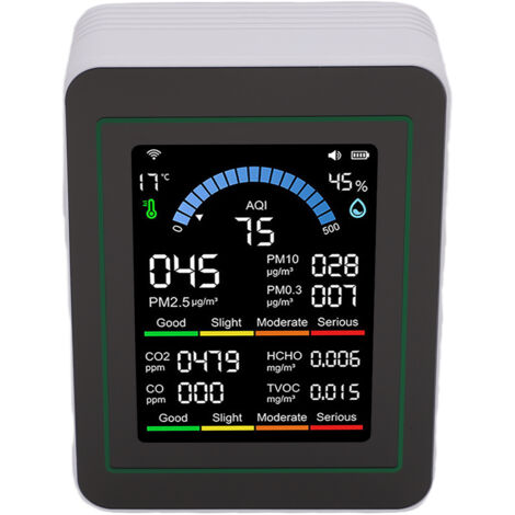 Moniteur de qualité de l'air 10 en 1, écran LCD couleur, détecteur de particules fines (PM0.3/PM2.5/PM10/CO/CO2/HCHO/TVOC), température et humidité, compatible avec Tuya Smart, pour la maison et le bu