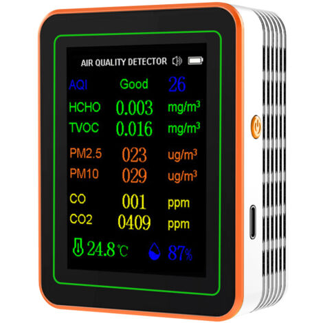 Moniteur de qualité de l'air 10 en 1 : PM2.5, PM10, CO, CO2, COVT, HCHO, IQA, température, humidité, affichage des courbes, compteur de CO2 avec écran couleur TFT 2,8 pouces, détecteur de dioxyde de c