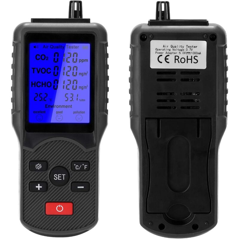 Moniteur de qualité de l'air Analyseur, Compteur de CO2, Multifonctionnel TVOC, Dispositif de mesure de la température et de l'humidité, Détecteur de