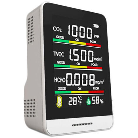 Moniteur de qualité de l'air, détecteur de dioxyde de Carbone CO2 HCHO TVOC 5 en 1, analyseur de gaz d'humidité de la température, Charge USB de Type C, Temps réel, Alarme sonore/Lumineuse