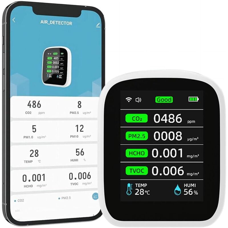 Moniteur de qualité de l'air, détecteur de multifonction 8 en 1 WiFi pour PM2.5 PM10/PM1.0/Température Humidité, HCHO, TVOC