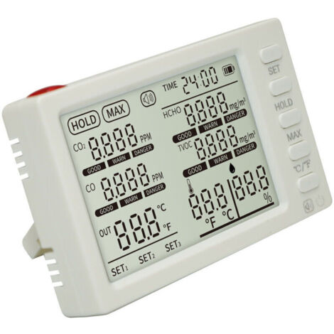 Moniteur de qualité de l’air intérieur 8 en 1, détecteur portable CO₂, HCHO, TVOC, CO, température, humidité, sonde de température externe, date, heure, testeur pour bureau, école, voiture,de DEBUNS
