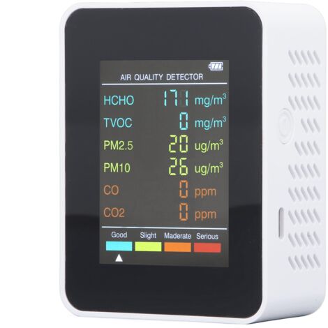 Moniteur de qualité de l'air portable avec écran LCD rétroéclairé, détecteur de CO2, COVT, HCHO, PM2.5 et PM10, avec alarme, blanc