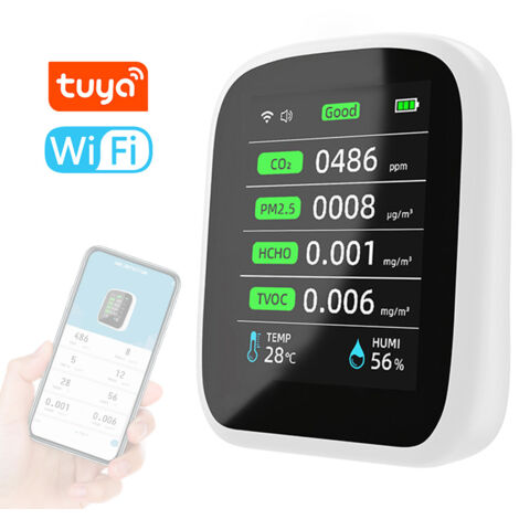 Moniteur de qualité de l'air Wi-Fi 8 en 1 avec grand écran LCD et plusieurs capteurs, capable de mesurer les PM1.0, PM2.5, PM10, CO2, TVOC, HCHO, la température et l'humidité