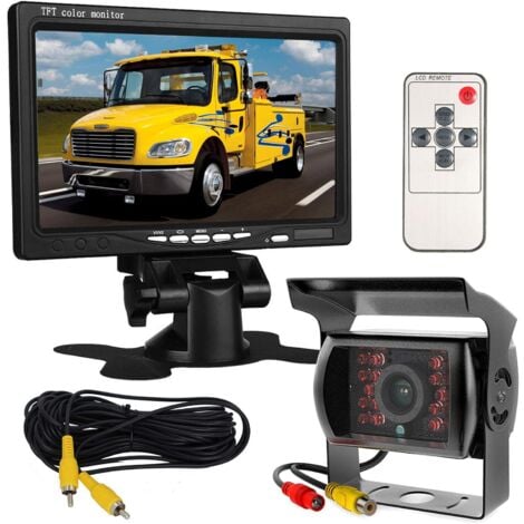 IKODM Moniteur HD avec écran 7’’ LCD TFT 12 V-24 V pour auto + caméra de recul pour bus camion remorque à 18 DEL IR étanches pour vision de nuit et vue arrière avec 10 m de câble vidéo