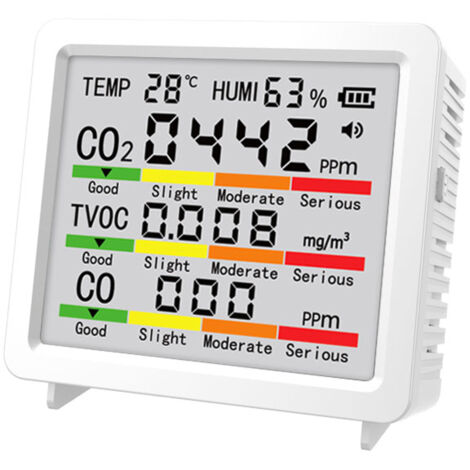 Moniteur multifonctionnel environnement intérieur,détecteur monoxyde de carbone, écran LCD, suivi CO2 COVT temps réel, température humidité, blanc