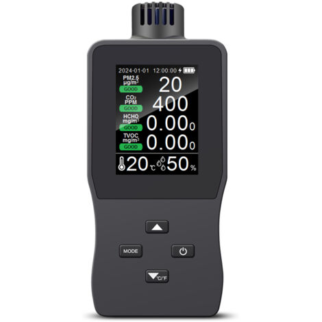 Moniteur qualité air intérieur 6-en-1 Test HCHO, CO₂, TVOC, PM2.5, Temp., Humidité Capteur haute précision Écran rétroéclairé Pour maison, bureau, école
