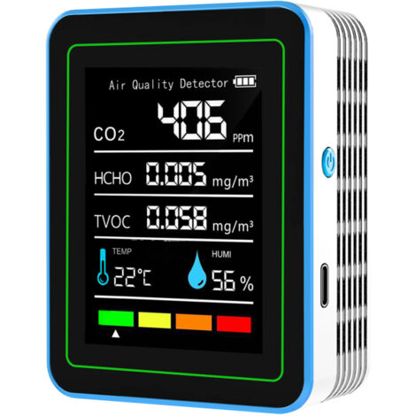 Monitor 5 in 1 per la qualità dell'aria interna: rilevatore preciso di CO2, TVOC, HCHO, temperatura e umidità.