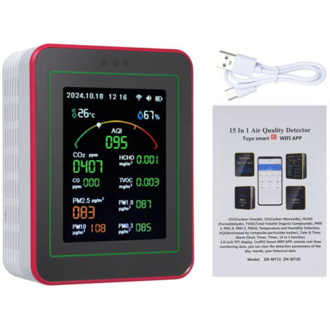 Monitor de calidad del aire 15 en 1, detector de CO, CO2, HCHO, TVOC, PM2.5, PM10, pantalla TFT de 2.8", aplicación WiFi, alarma, hogar y oficina.