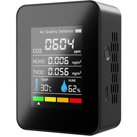 Monitor de calidad del aire 5 en 1, detector de CO2 para interiores, HCHO, TVOC, formaldehído, medidor de temperatura y humedad LCD, alarma de CO2 recargable para dormitorio, oficina e invernadero.