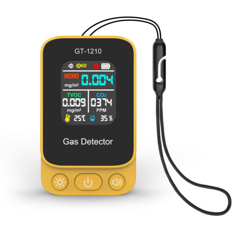 Monitor de calidad del aire 5 en 1, mide CO2, HCHO, COV, temperatura y humedad, medidor de interior recargable por USB-C, indicador de alerta de color amarillo.