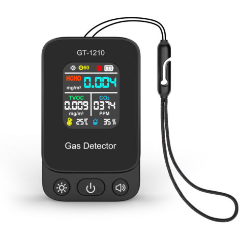 Monitor de calidad del aire 5 en 1, mide CO2, HCHO, VOC, temperatura y humedad, recargable por USB-C, indicador de alerta por color, color negro.
