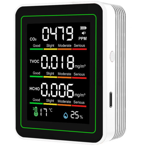 Monitor de calidad del aire 5 en 1 – Sensor NDIR – CO2, COV, HCHO, temperatura, humedad – Para el hogar, la oficina y el coche