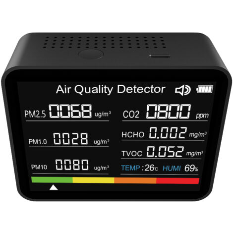 Monitor de calidad del aire 8 en 1: detecta CO2, COVT, HCHO, PM2.5, PM1.0, PM10, temperatura y humedad, con alarma. Ideal para el hogar, la oficina y el coche.
