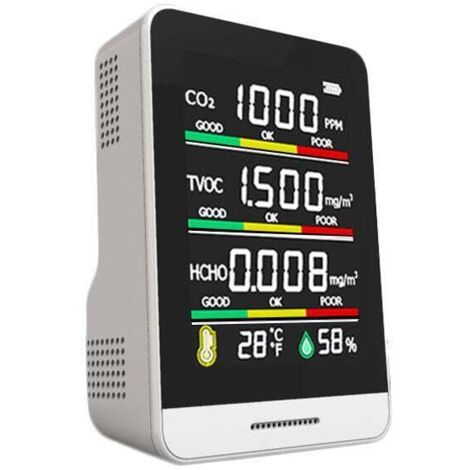 Monitor de calidad del aire, detector 5 en 1 de dióxido de carbono, CO2, HCHO, TVOC, analizador de gases de temperatura y humedad, carga USB tipo C, alarma sonora y luminosa en tiempo real.