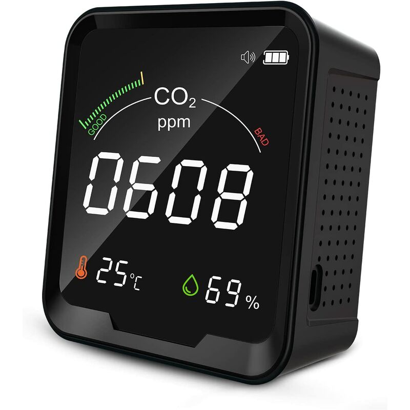 oficina gimnasio monitor dióxido carbono CO2 coche, Detector de CO2 detector de sensor NDIR con temperatura de humedad para el hogar cargador USB NDIR-Negro monitor de calidad del aire 
